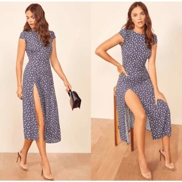 💕REFORMATION💕 Gavin Dress ~ Monterey Navy Blue Floral Print 4 - Picture 2 of 16